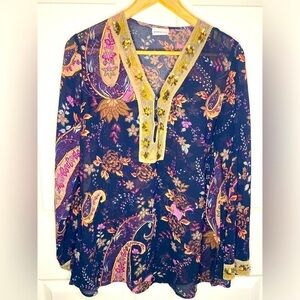 White Stag Paisley Blue and Gold Sequin Embellished BOHO Blouse, Women’s size L